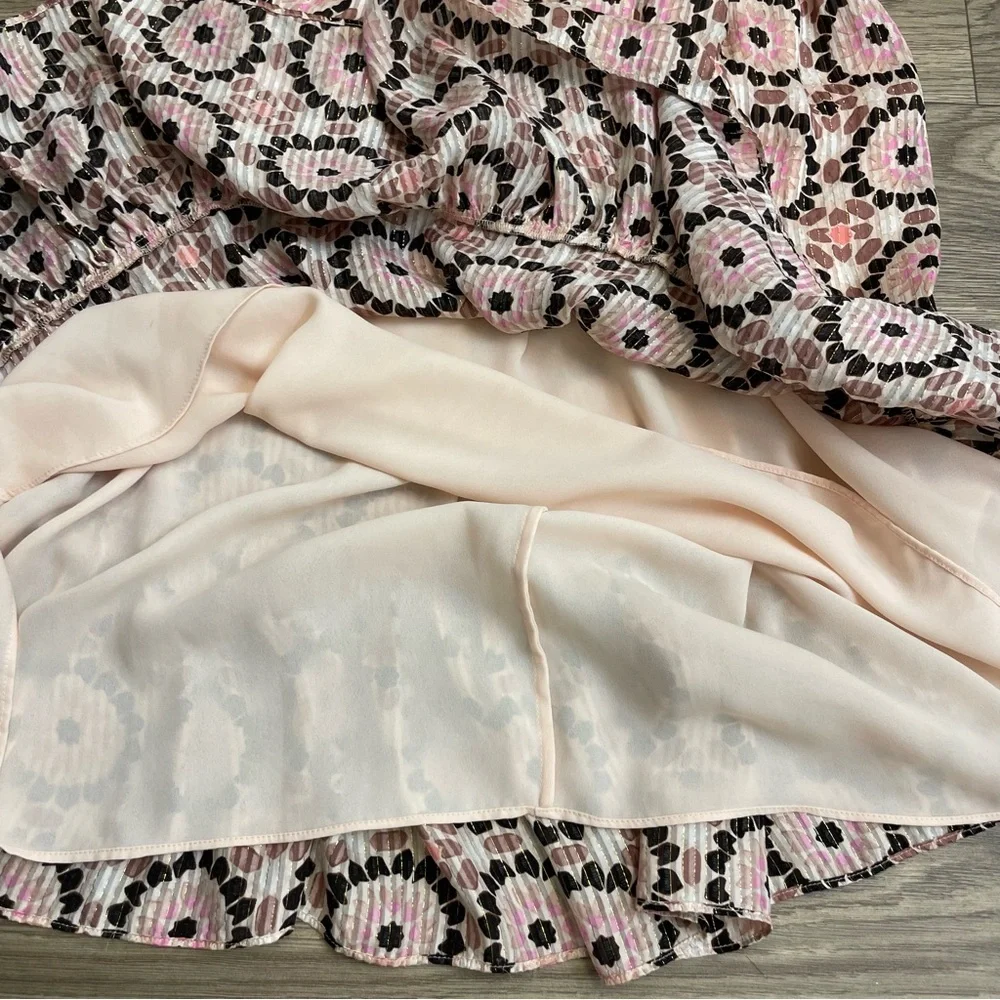Kate Spade Pink By the Pool Mosaic Floral Print Metallic Stripe Ruffle Dress